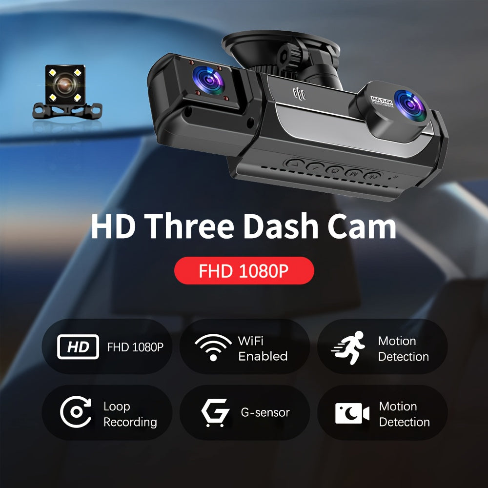 1080P Dash Cam with 3 Cameras Front Built-In Rear Infrared Night Vision 170° Wide-Angle Built-In Audio 32GB Card Connection to Smartphone Loop Recording G-Sensor 24 Parking Monitor