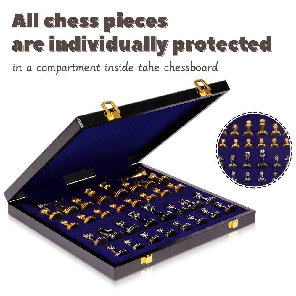 Luxury Metal Chess Set with Marble Board – Zinc Alloy Gunmetal & Gold Pieces Extra Queens 11.5" Elegant Chessboard Gift for Adults Beginners Home Office Decor