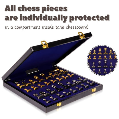 Luxury Metal Chess Set with Marble Board – Zinc Alloy Gunmetal & Gold Pieces Extra Queens 11.5" Elegant Chessboard Gift for Adults Beginners Home Office Decor