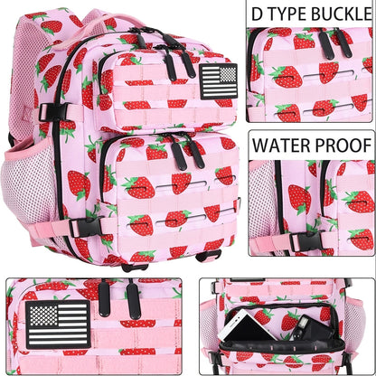 Mini Hiking Backpack 2.38 Gallon Daypack Zipper Closure Hip Strap for Daily Use Fitness Cycling Camping Travel School Strawberry Cat Paw Plaid Tie Dye Camo