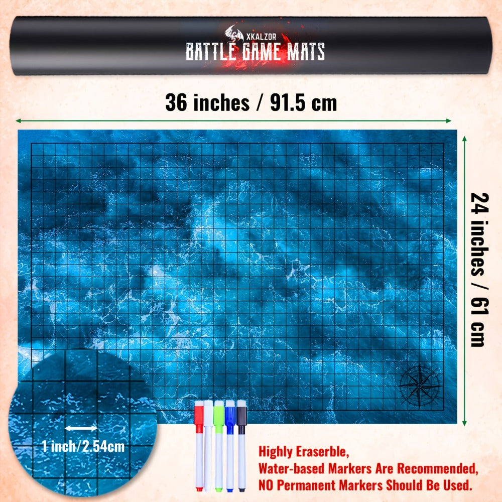 DnD Battle Map 3 Pack 24x36 Inch Dry Erase – Double-Sided 6 Terrain Grid Mats with Dice Accessories & Shoulder Bag, 1 Inch Grids for D&D 5e Pathfinder TRPG Tabletop RPG, Dungeon Master Gift
