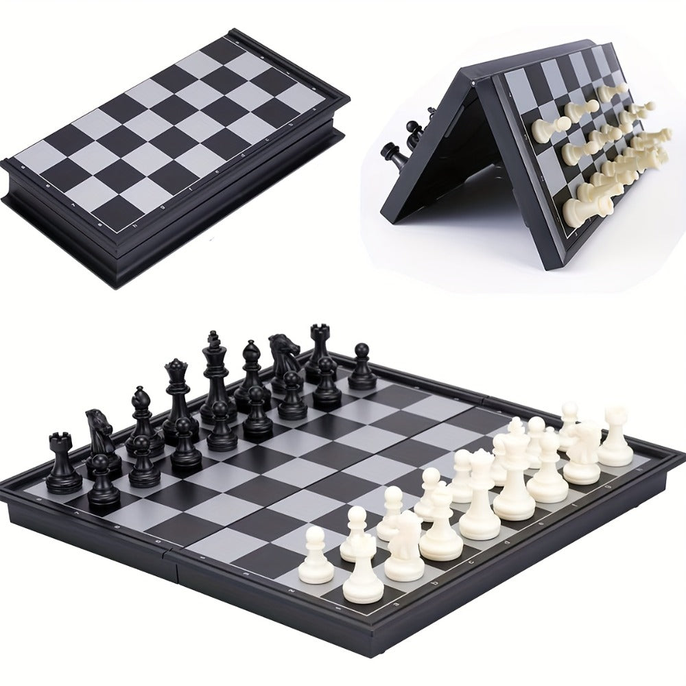Magnetic Chess Set Folding Board 33 Pieces – 9.4 Inch Portable Travel Chess Game for Kids & Adults, Foldable Storage, Minimalist Design, Educational Strategy Game, Black & White or Wood Style