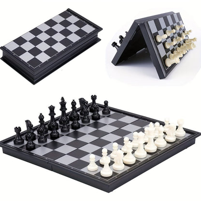 Magnetic Chess Set Folding Board 33 Pieces – 9.4 Inch Portable Travel Chess Game for Kids & Adults, Foldable Storage, Minimalist Design, Educational Strategy Game, Black & White or Wood Style