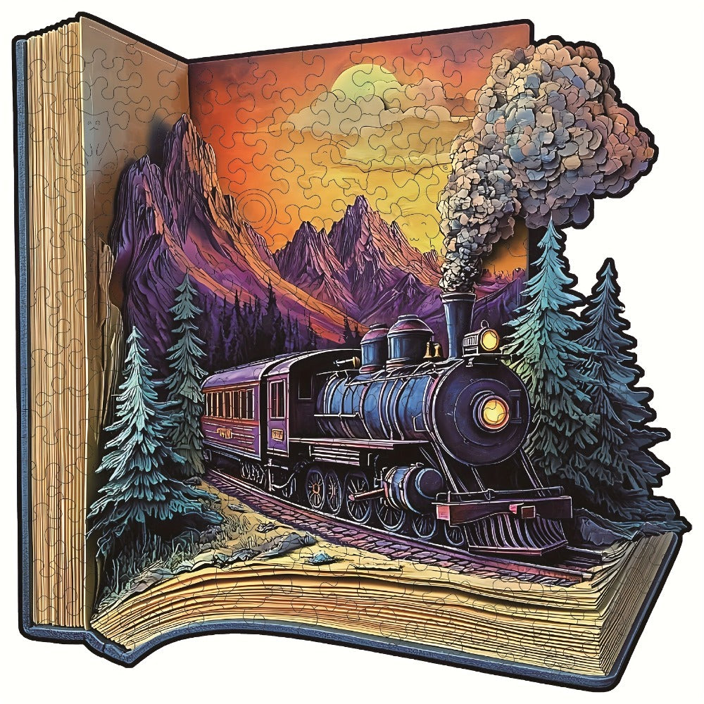 Wooden Jigsaw Puzzle for Adults Galloping Train – 3D Vision Effect Unique Shape Pieces, Book-Style Display, Mountain Sunset Art, Unique Birthday Christmas Holiday Gift for Train Lovers & Puzzle Enthusiasts (S & L Sizes)