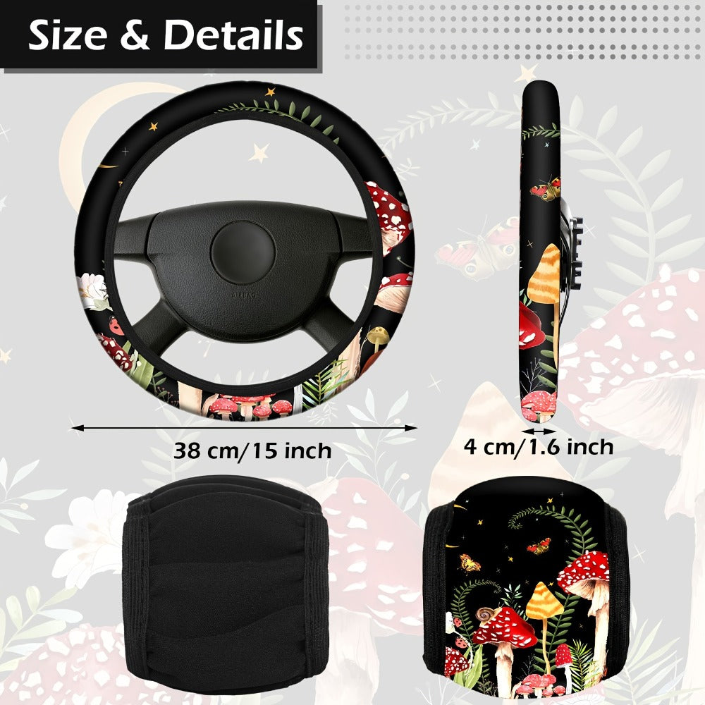 Mushroom Car Seat Covers Full Set 17 Piece Forest Mushroom Car Accessories for Women Men Front Rear Seat Protector Steering Wheel Cover Seat Belt Cover Mirror Hanging Ornament Universal Fit