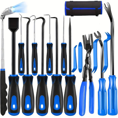 Auto Trim Removal Tool Kit 17pcs with Pry Tools Picks Metal Scraper Magnetic Telescopic Pickup Non-Slip Clips for Car Door Panel Dash Interior Bicycle Maintenance