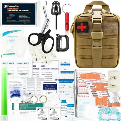 217 Piece Survival Kit with First Aid Kit & Molle Storage Bag - Emergency Gear Set for Camping, Hiking, Outdoor Adventure, Home & Office, Perfect Gift for Men, Dad, Husband, Son - Orange Green Khaki Black Red Camouflage