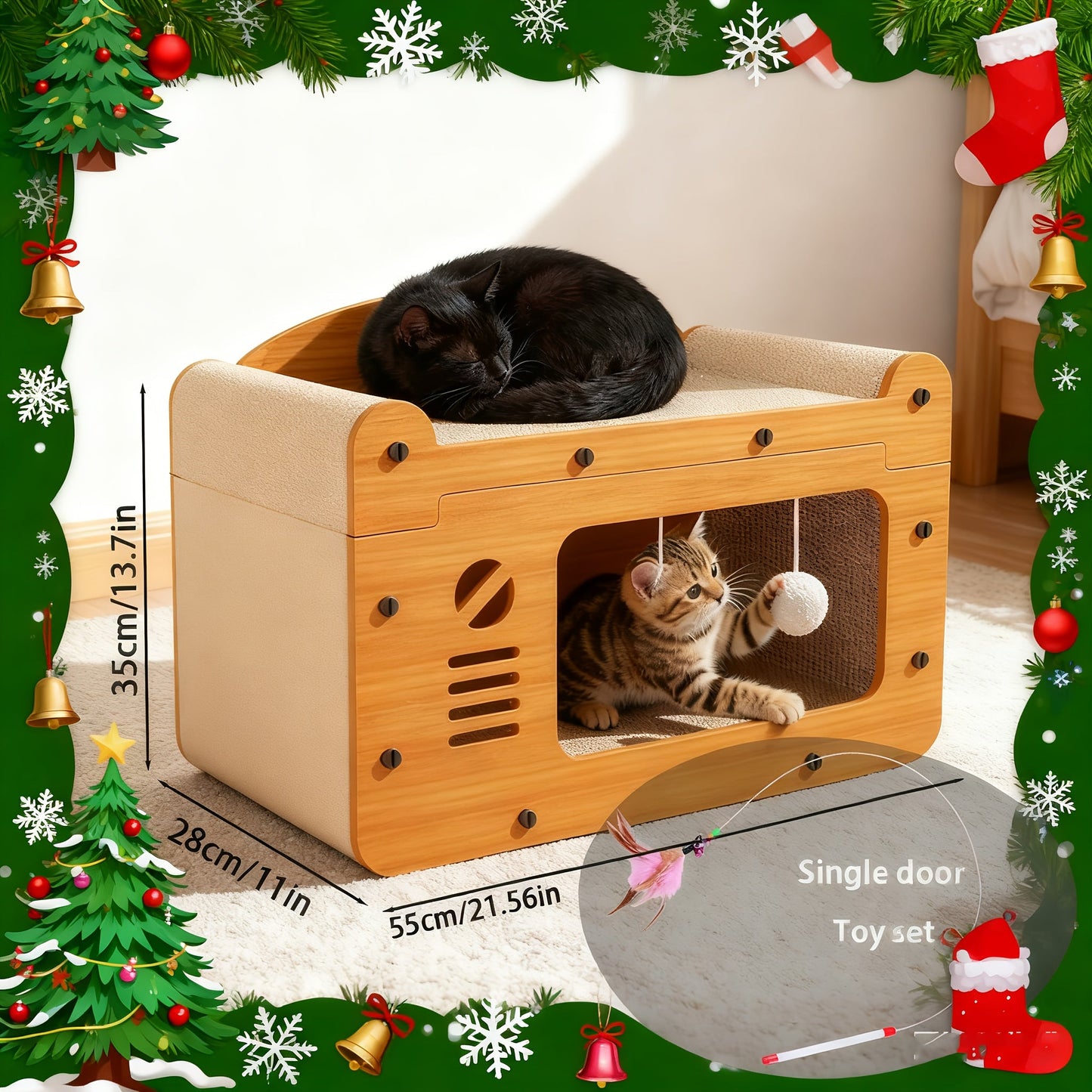 Large Cat House with Scratcher Pad & Plush Ball Toys, Ventilated Multi-Functional Indoor Outdoor Cat Shelter, Easy Assembly Single Door Double Door Luxury Double-Layer Cat Condo, Festival Gift