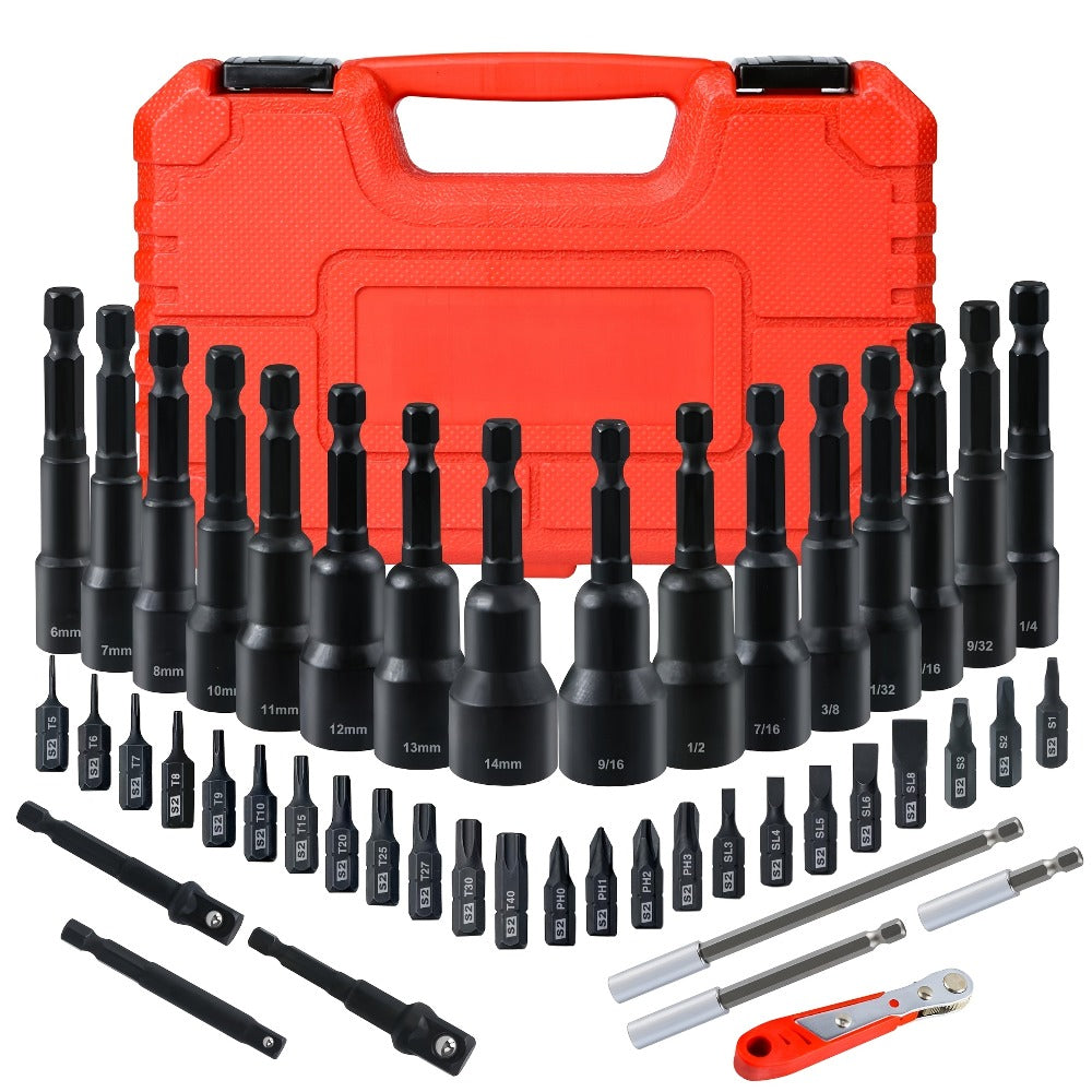 Magnetic Nut Driver Set 47pcs - Magnetic Screwdriver Bits & Socket Set, SAE 1/4"-9/16" & Metric 6-14mm, 1/4" Hex Shank, Strong Magnetism, for Drill & Impact Driver, Home & Professional Use