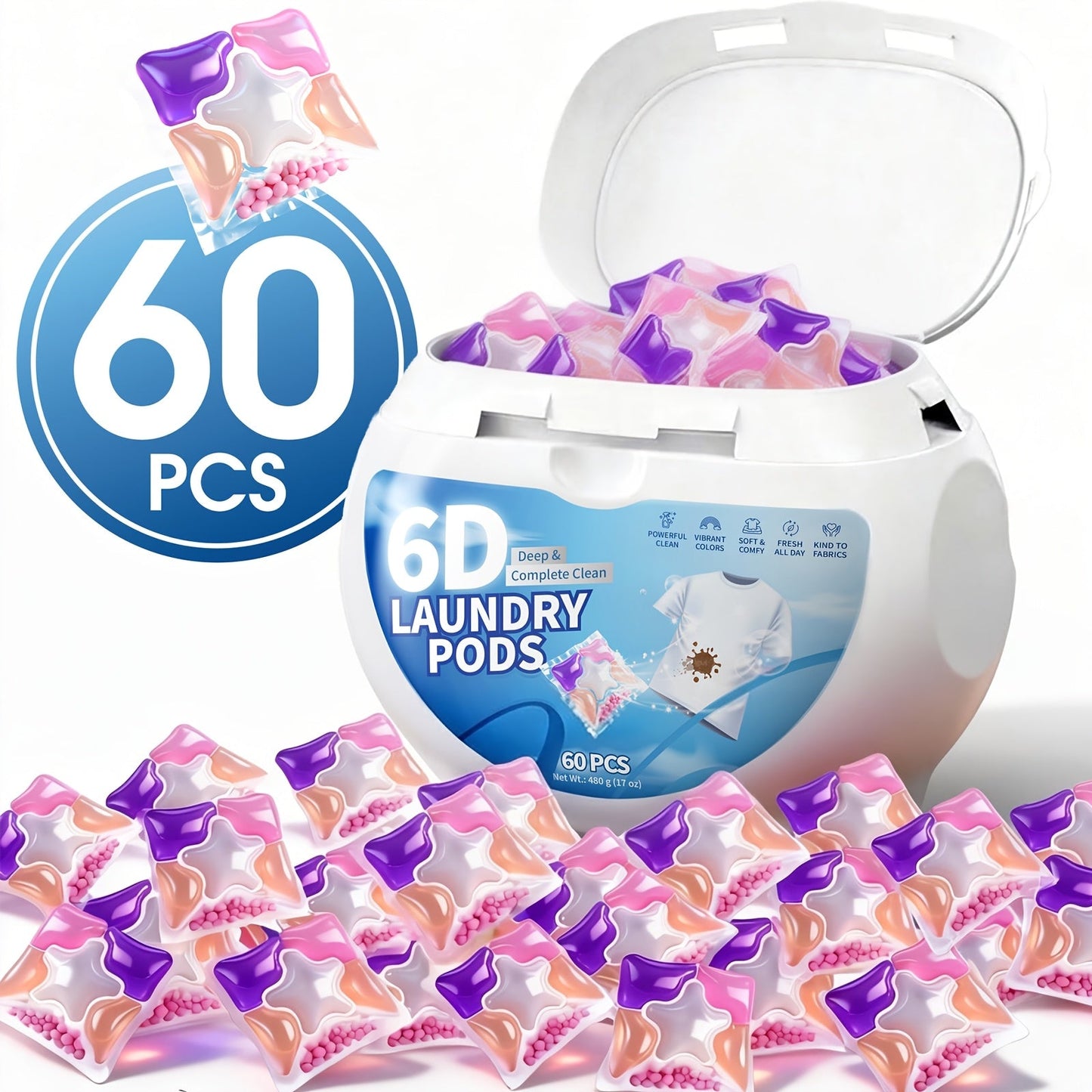Laundry Pods 6-in-1 Concentrated – 60 Pcs 480g Deep Clean & Tough Stain Removal, Quick Dissolve No Residue, Spring Meadow Long-Lasting Fragrance, HE Compatible Washing Machine Detergent Pods (2026 Upgrade)
