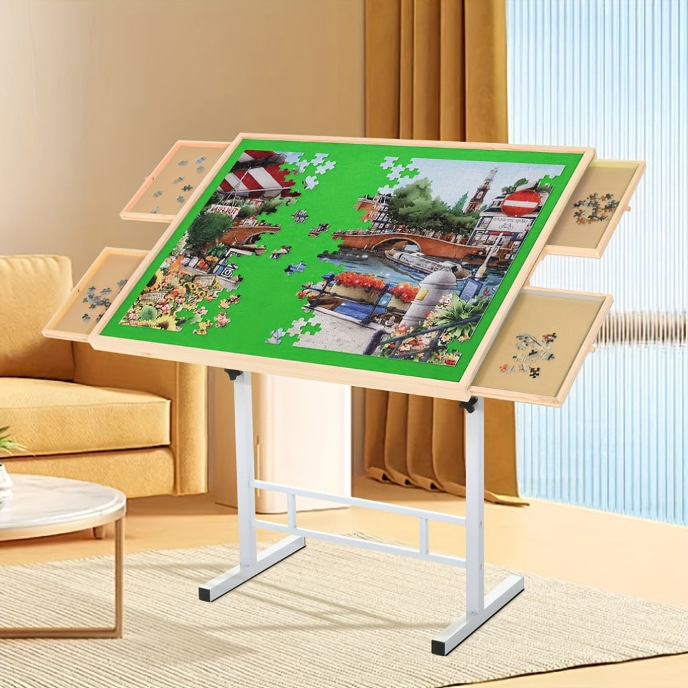 Jigsaw Puzzle Table with 4 Drawers 1500 Pieces – Adjustable Angle & Height 35"x26" Tilting Wood Board with Metal Legs, Ergonomic Puzzle Workstation for Adults Seniors Neck Back Pain Relief, Christmas Gift