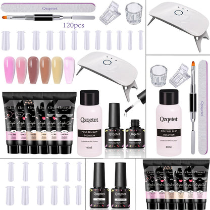 Poly Nail Gel Extension Kit 6 Colors with USB UV LED Lamp & Slip Solution - All-in-One Polygel Nail Extension Starter Set for Beginners, DIY Home Salon Nail Art Supplies for Women