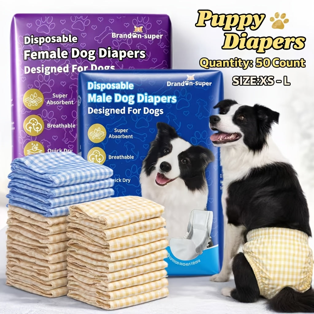 Disposable Dog Diapers 50-Pack for Male & Female Dogs - Super Absorbent Leak-Proof Pet Nappies, Comfortable Fit for Puppies, Senior Dogs, Incontinence & Post-Surgery Recovery, XXS to L