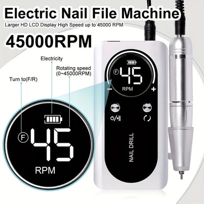 Nail Drill Machine 45000 RPM Brushless Motor 10-Hour Battery Electric Nail File with LCD Smart Screen 6 Drill Bits 6 Sanding Bands – Forward Reverse Low Noise Nail Grinder for Gel Acrylic Nails Home Salon