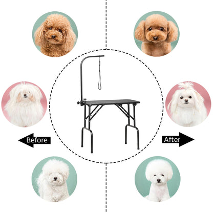 Pet Grooming Table Foldable with Height Adjustable Arm – Non-Slip Waterproof Surface, Folding Legs, Sturdy Metal Frame, Professional Dog Cat Beauty Trimming Table for Home & Salon