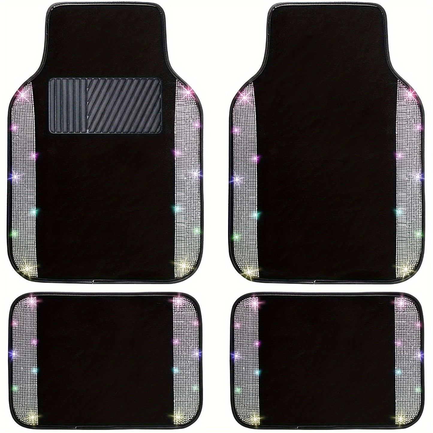 Bling Car Floor Mats Full Set, Universal Fit Most Cars, SUV, Trucks, 4pcs Sparkle Glitter Artificial Diamond Carpet for Women Girls with Anti-Slip Pad