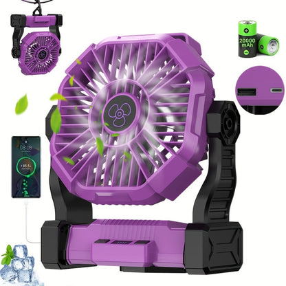 Portable Outdoor Fan 20000mAh, 3-in-1 Rechargeable Camping Fan with LED Lantern & Power Bank, Timer Rotation Hook for Tent Golf BBQ Travel Party Power Outage, Pink Green Black Orange Purple Blue