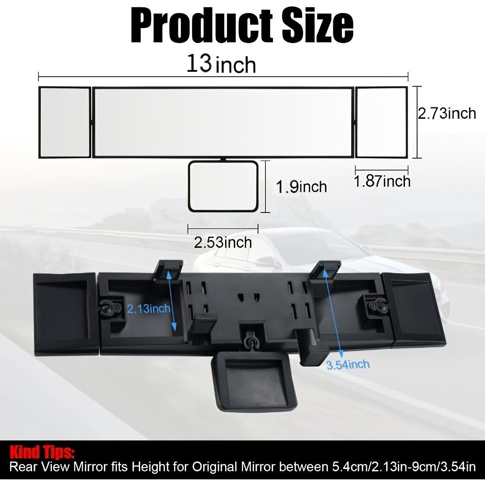 Interior Rearview Mirror 13 Inch – Quadruple-Fold Adjustable Wide Angle Car Mirror with 360° Swivel, Flat Lens, Enhanced Visibility for Safe Driving
