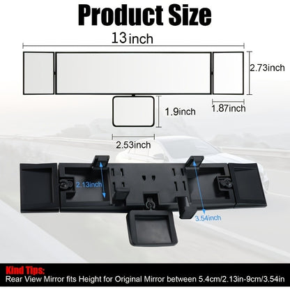 Interior Rearview Mirror 13 Inch – Quadruple-Fold Adjustable Wide Angle Car Mirror with 360° Swivel, Flat Lens, Enhanced Visibility for Safe Driving