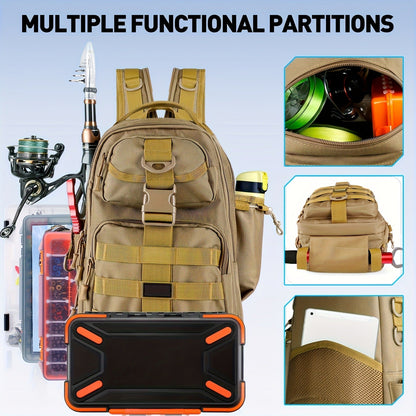 Waterproof Fishing Rod Backpack 42L – Built-In Rod Tube, 16 Pockets & Insulated Cooler Option | Black, Camo, Khaki, Gray