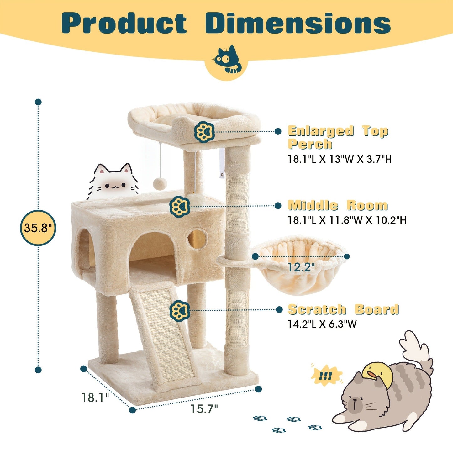 Cat Tree Tower Multi-Level for Indoor Cats - Cat Furniture with Sisal Scratching Posts, Plush Perches, Hammock, Basket & Corner Condo Cave, Hanging Toys & Climbing Ramp, Multiple Sizes & Colors
