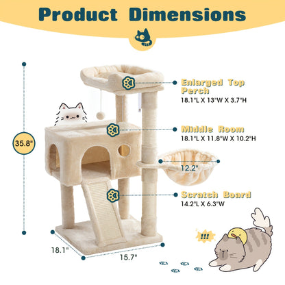 Cat Tree Tower Multi-Level for Indoor Cats - Cat Furniture with Sisal Scratching Posts, Plush Perches, Hammock, Basket & Corner Condo Cave, Hanging Toys & Climbing Ramp, Multiple Sizes & Colors
