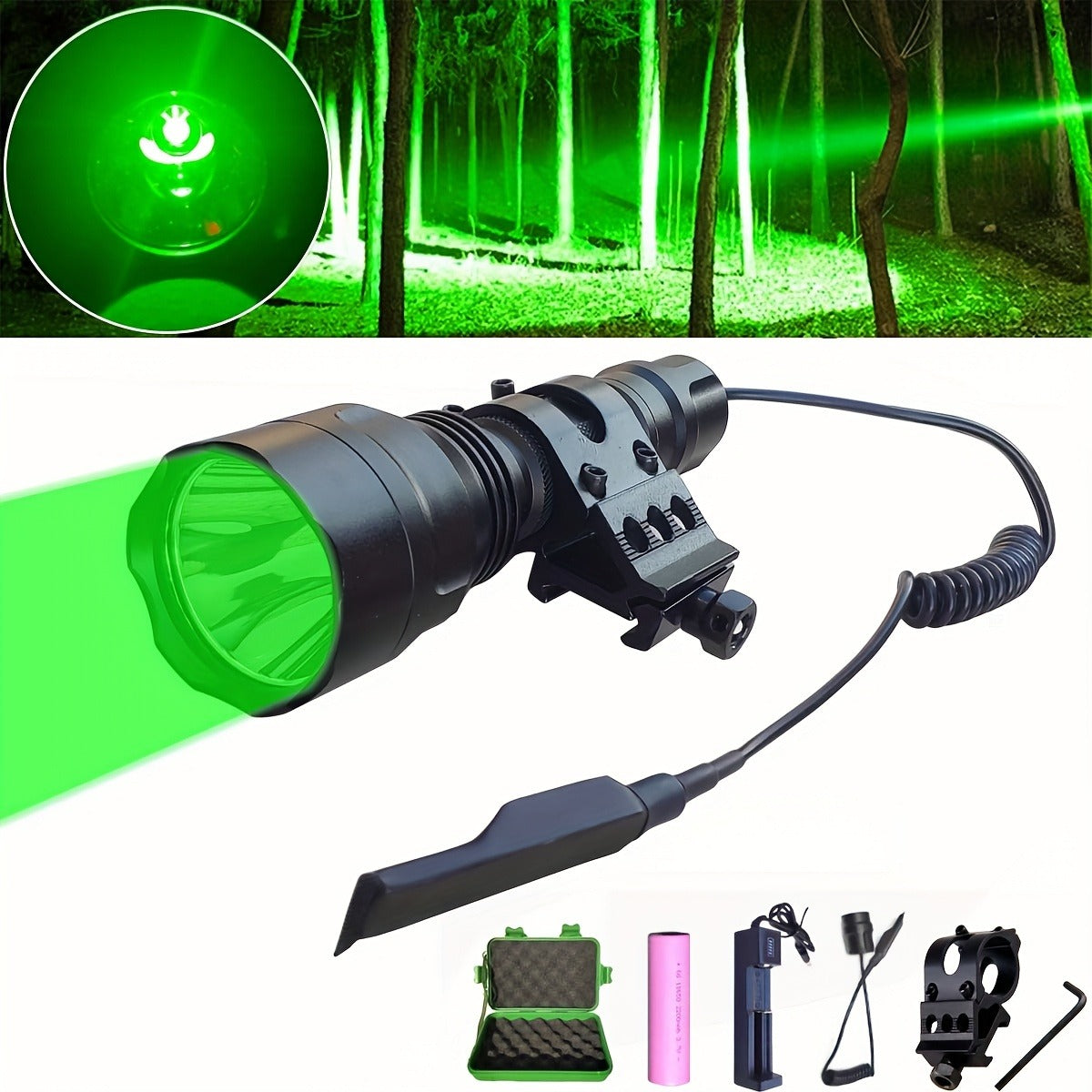 Night Hunting Flashlight with Remote Control Switch – 350 Yards High Power Green Red White Light, 18650 Rechargeable, Multiple Mounts for Hunting, Fishing, Camping & Beekeeping, Best Gift for Men