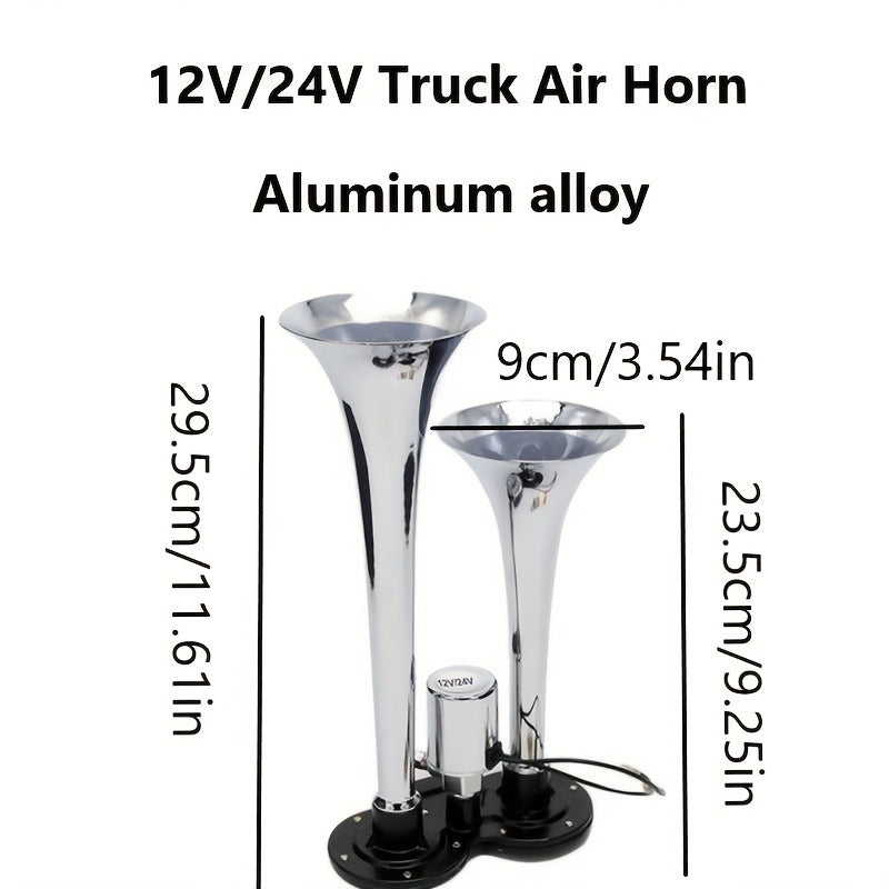 Dual Air Horn Kit 12V/24V 105-137dB with Air Compressor - Super Loud Aluminum Alloy Trumpet Horn for Truck, Train, SUV, Motorcycle, Car & Boat, Universal Electric Horn Easy Install