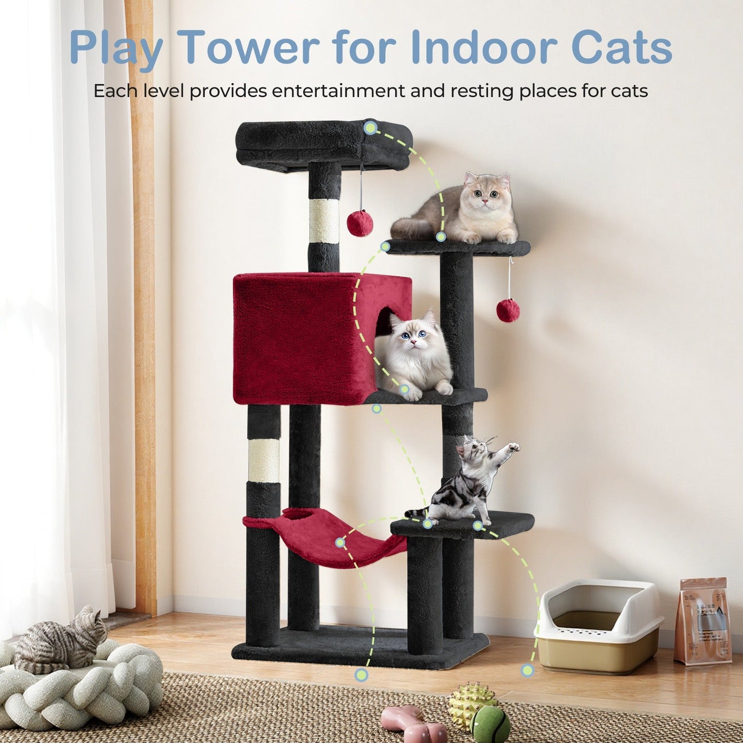 44-Inch Cat Tree Tower with Condo & Hammock - Multi-Level Indoor Cat Tree with Natural Sisal Scratching Posts, Perches & Pet House for Cats & Kittens, Stable Cat Climbing Tower, 5 Colors