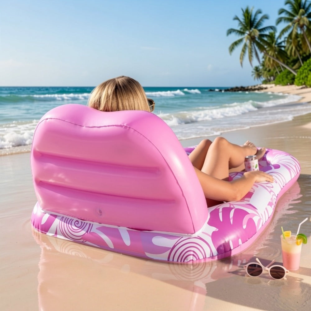 Recliner Pool Float Lounger for Adults – Inflatable Zero-Gravity Floating Chair with Cup Holders, Mesh Seat & Foot Rest, Pink Tropical Leaf Design, Summer Pool Party Water Toy