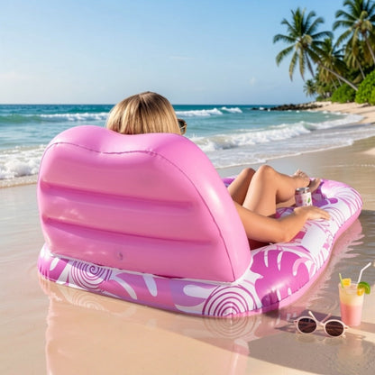 Recliner Pool Float Lounger for Adults – Inflatable Zero-Gravity Floating Chair with Cup Holders, Mesh Seat & Foot Rest, Pink Tropical Leaf Design, Summer Pool Party Water Toy