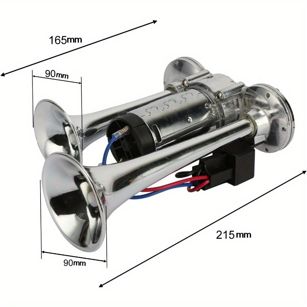 Dual Trumpet Air Horn Kit 12V 110dB – Super Loud Electric Horn with Compressor, Chrome Zinc-Alloy, Universal Fit for Car Truck SUV Boat Train Van Motorcycle Off-Road
