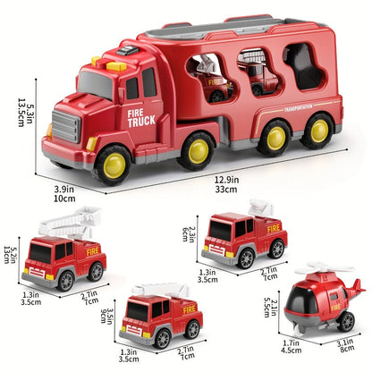 5-in-1 Fire Truck Playset for Kids 3-9, Friction Powered Interchangeable Rescue Vehicles Set with Carrier Truck, Red Plastic Toy Cars for Boys and Girls, Birthday Christmas Gift