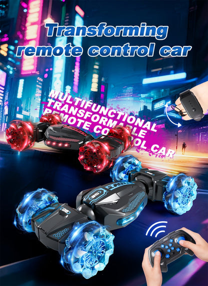 RC Stunt Car 1:24 Scale 8WD Dual Remote Control for Kids Boys Girls – 2.4GHz 28KM/H Crash-Resistant Race Car All-Terrain Tires LED Lights Two Player Birthday Christmas Holiday Gift Red Blue