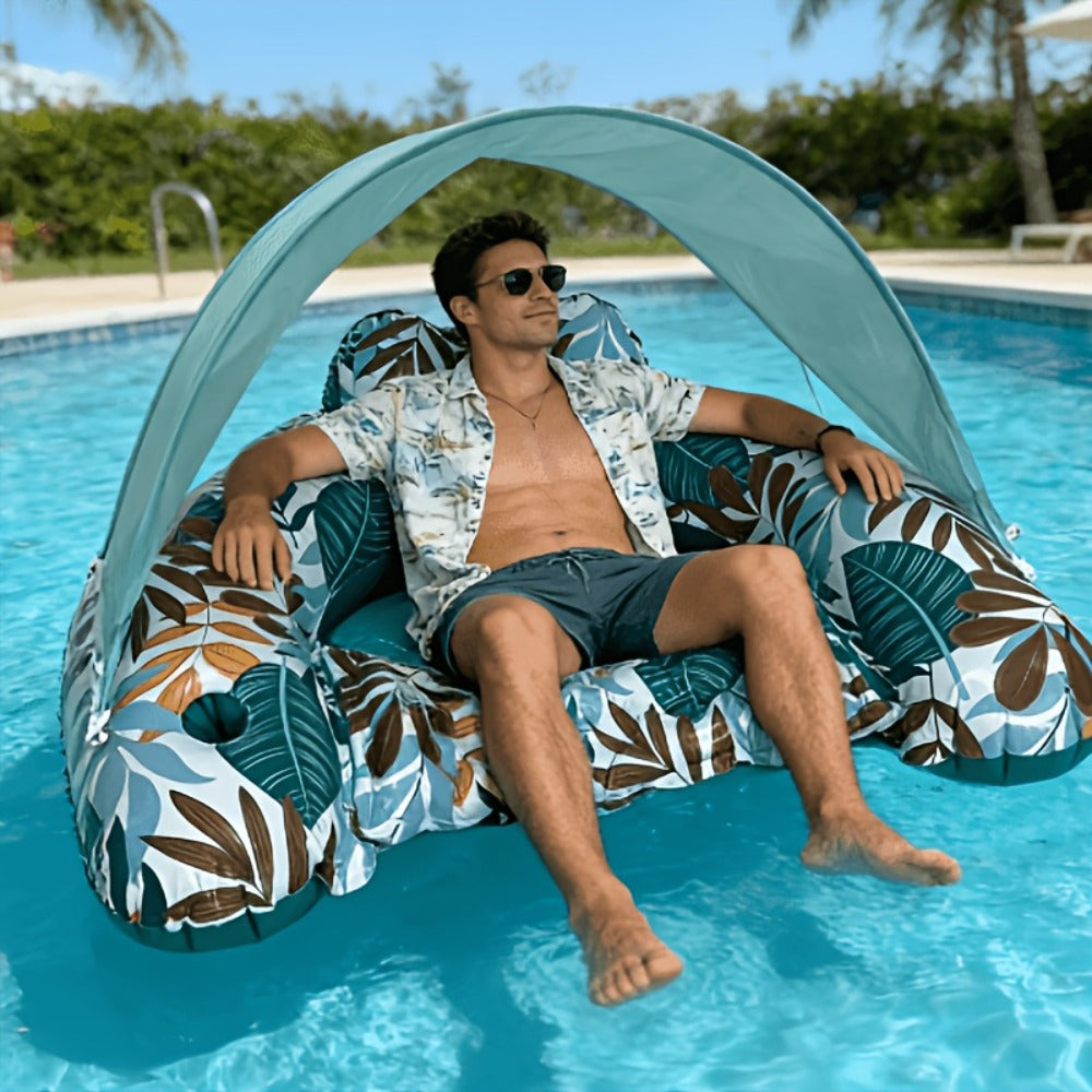 Inflatable Pool Lounger with Canopy for Adults – Tropical Leaf Floating Chair with Cup Holder & Sun Shade, Summer Pool Beach Lake Water Toy, Birthday Gift for Women Men (Green & Blue)