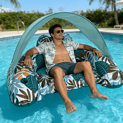 Inflatable Pool Lounger with Canopy for Adults – Tropical Leaf Floating Chair with Cup Holder & Sun Shade, Summer Pool Beach Lake Water Toy, Birthday Gift for Women Men (Green & Blue)