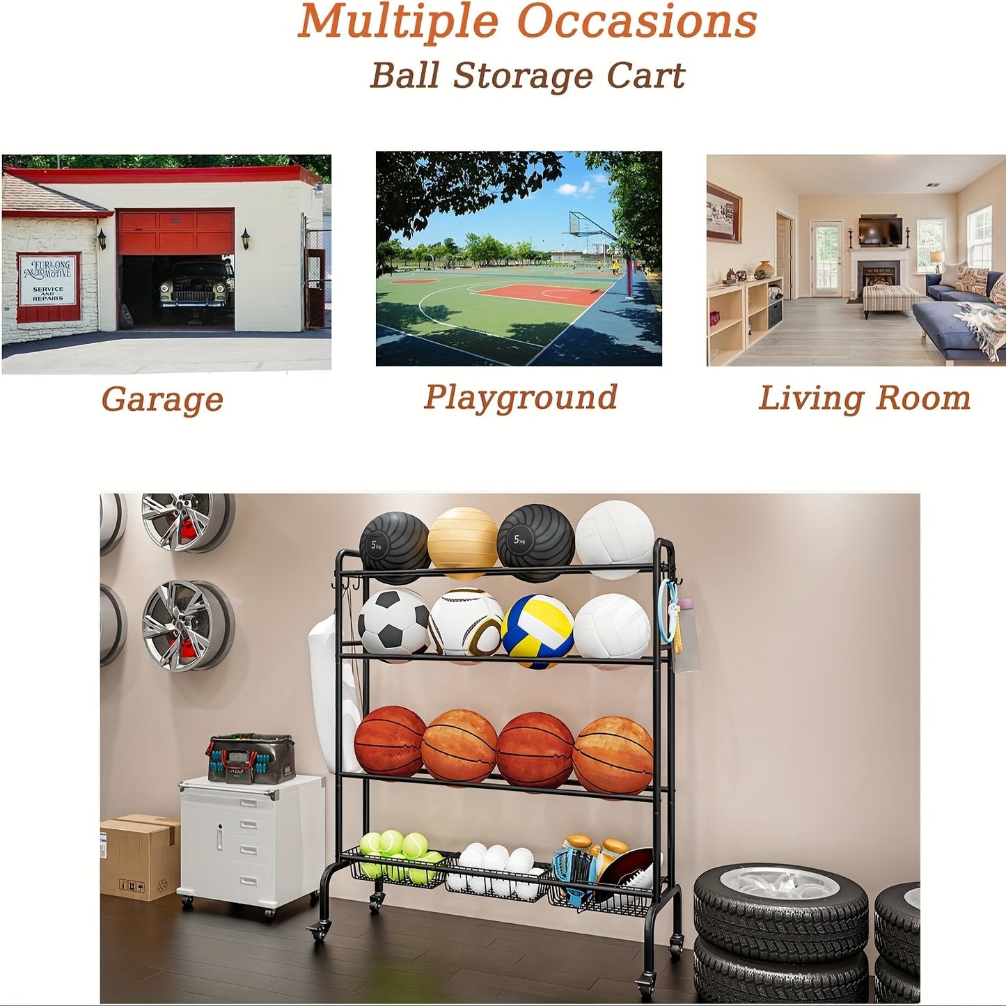 Sports Equipment Storage Rack with Wheels – 4-Tier Ball Rack for Basketball Soccer Volleyball with Hooks & Rolling Casters for Gym Garage