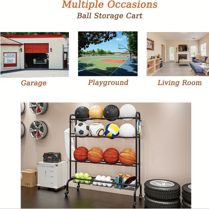Sports Equipment Storage Rack with Wheels – 4-Tier Ball Rack for Basketball Soccer Volleyball with Hooks & Rolling Casters for Gym Garage