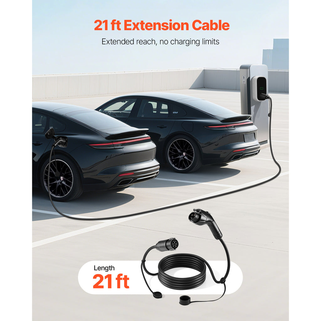 VEVOR EV Charger Extension Cable, 32Amp/40Amp/48Amp 21 ft / 40 ft J1772 Extension Cord Compatible with 120V-240V SAE J1772 Electric Vehicle Chargers, Level 1/Level 2 Heavy Duty Car Charging Cable with Carrying Bag