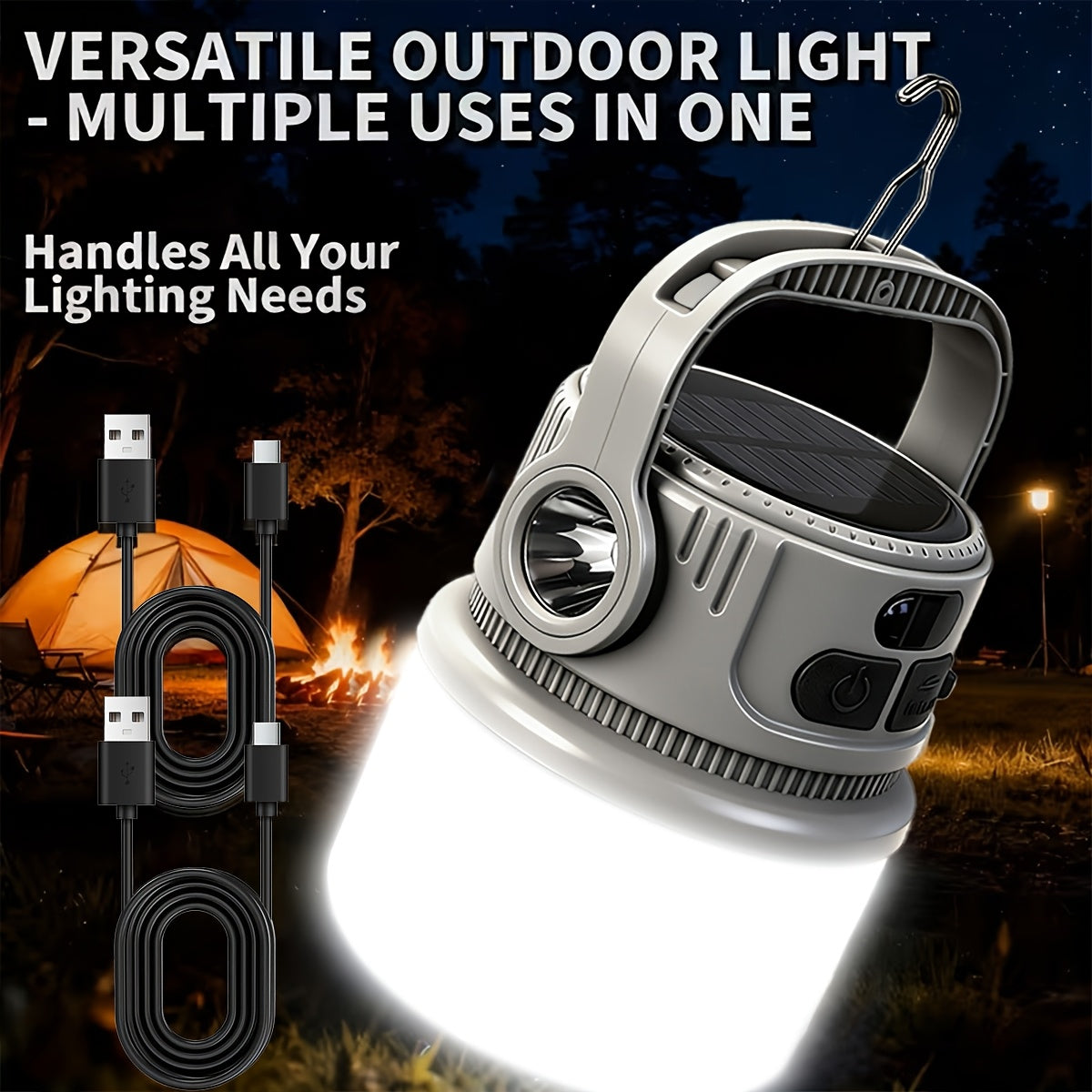 Solar LED Camping Light with Hook – 6 Modes, USB-C Rechargeable, 300LM, IPX4 Waterproof, Emergency Power Bank, Portable Tent Light for Camping, Hiking & Power Outages