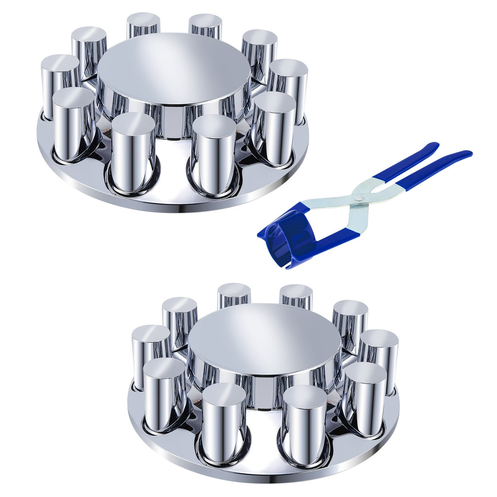 ABS Chrome Plastic Front And Rear Axle Cover Kits with 33mm Thread-on Flange Nut Covers for Semi Trucks In Pairs (Flat Top Front 2 Set & Whole 2+4 Set)