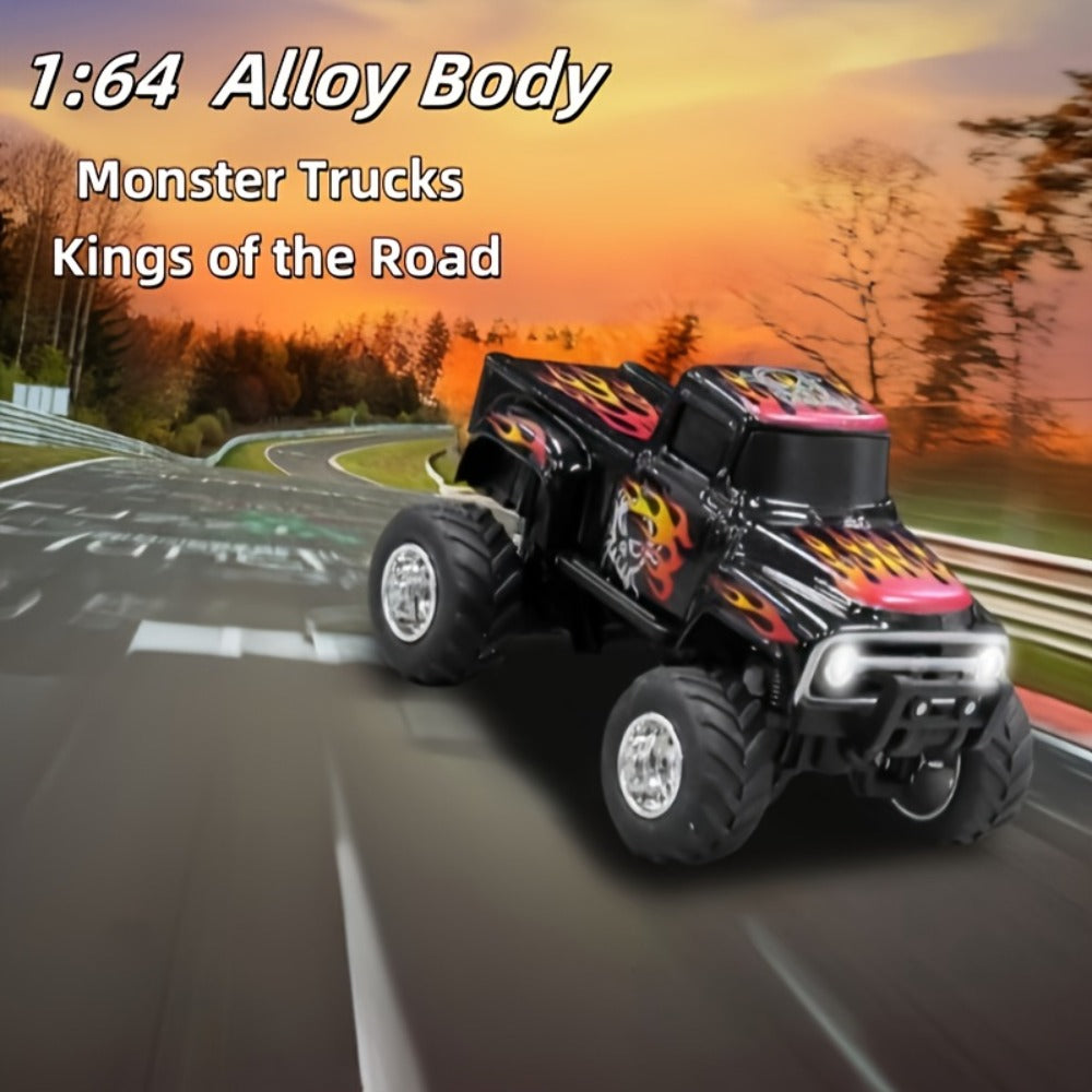 RC Monster Truck 1:64 Scale Alloy Shell with LED Lights | Multi-Control Modes, Adjustable Speed & Steering | Mini Off-Road Toy Car for Kids Adults