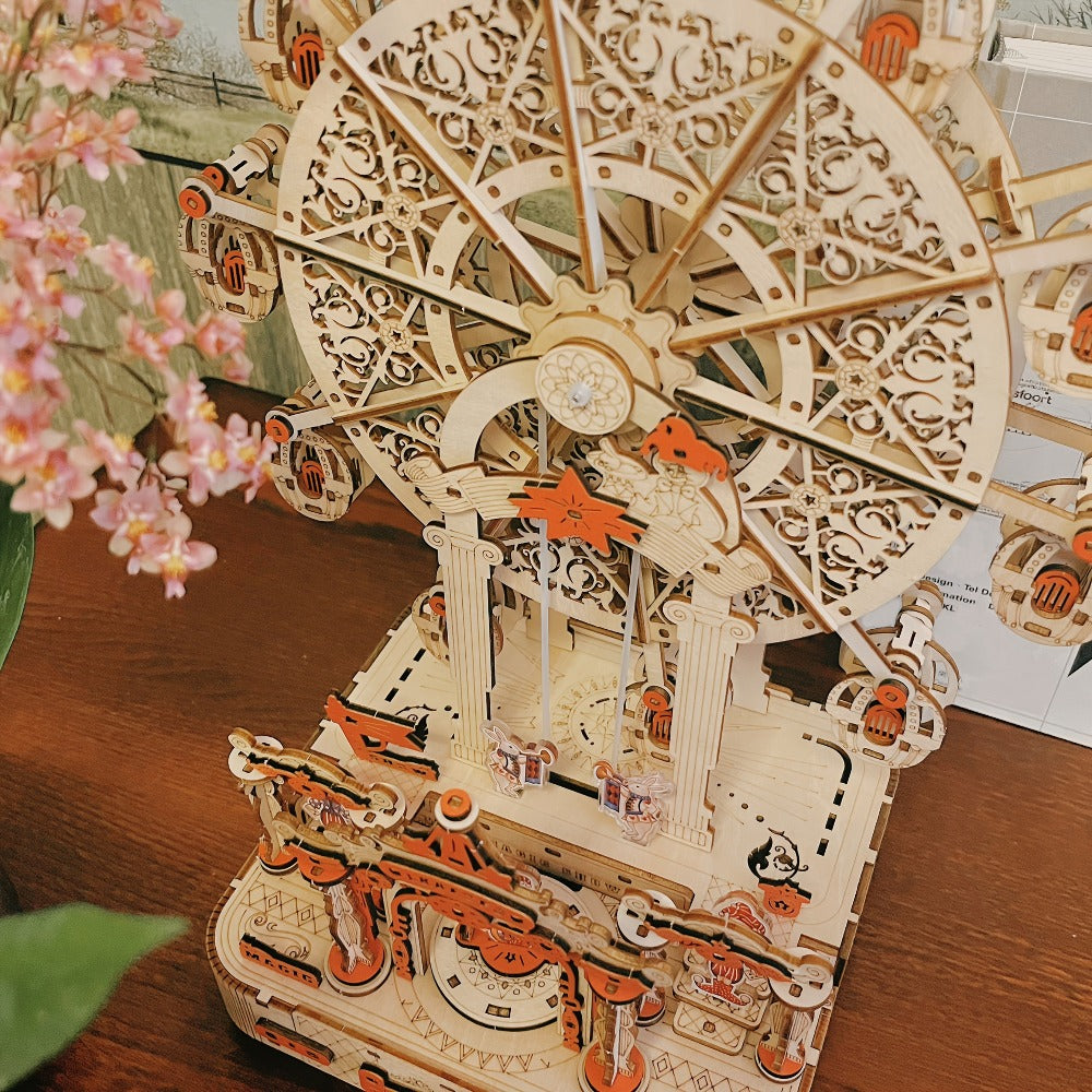 DIY Wooden Ferris Wheel Music Box Kit – 3D Mechanical Spinning Puzzle Model with Gift Box, Romantic Handcrafted Decor Gift for Adults Teens Birthday Valentine's Day Anniversary Christmas