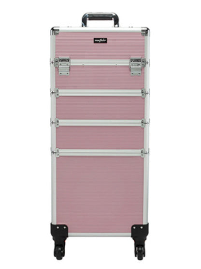 Makeup Train Case Rolling 4-in-1 Aluminum Lockable Trolley with 4 Removable Wheels Collapsible Trays DIY Compartments Telescopic Rod Cosmetic Organizer for Makeup Artists Salon Travel Black Pink Rhinestone