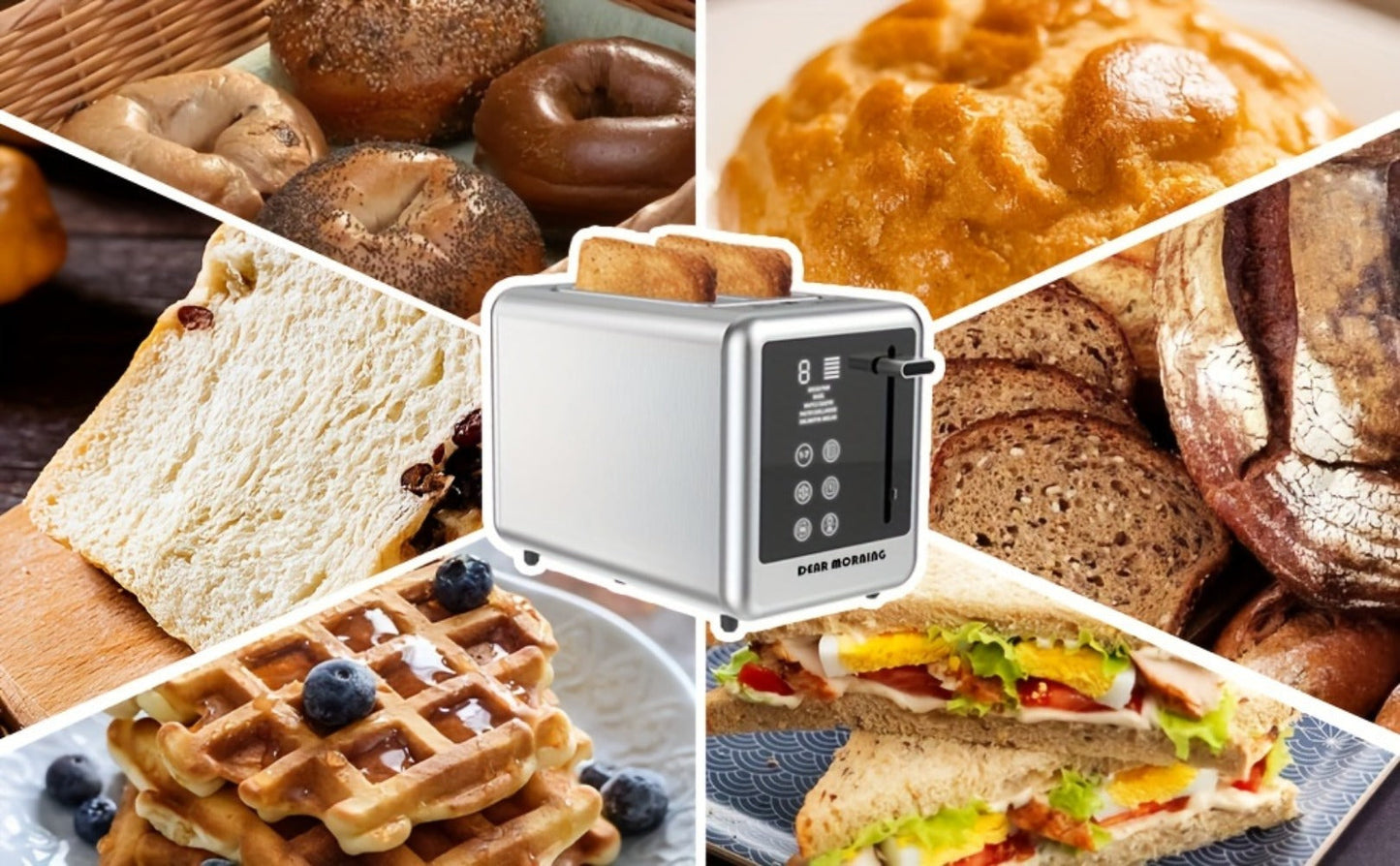 Stainless Steel Toaster 2-Slice Smart Touch Screen – 5 Bread Selections, 7 Shade Settings, Bagel/Defrost/Cancel/Reheat, 1.5" Wide Slot, Removable Crumb Tray