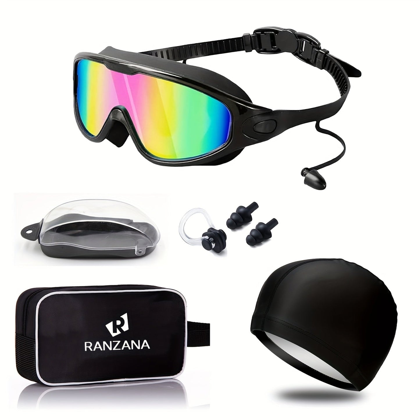Swimming Goggles Set 6-in-1 with Case & Waterproof Bag - UV Protection Iridescent Coated PC Lens, Silicone Strap, PU Swim Cap, Nose Clip & Earplugs Included, Wide View Swim Goggles for Adults & Youth