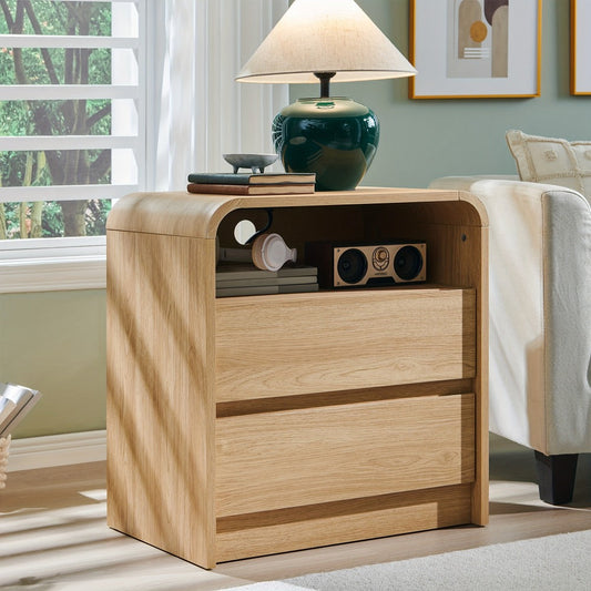 Nightstand, 25" Tall Mid-Century Modern with Charging Station - Wood Bedside Table with 2 shown in the main product view