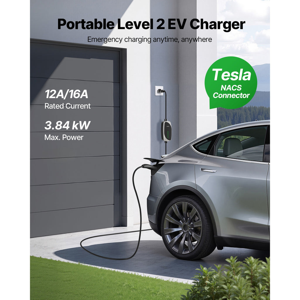 VEVOR Level 1/2 Tesla Charger 16A Portable EV Charger 25 ft Cable 120V-240V NEMA 6-20P