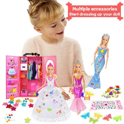 Fashion Doll Closet Wardrobe 139pcs Clothes Accessories Playset for 11.5 Inch Dolls – Princess Mermaid Dresses Shoes Hangers Handbags DIY Stickers Creative Gift for Girls Ages 3+ Birthday Christmas