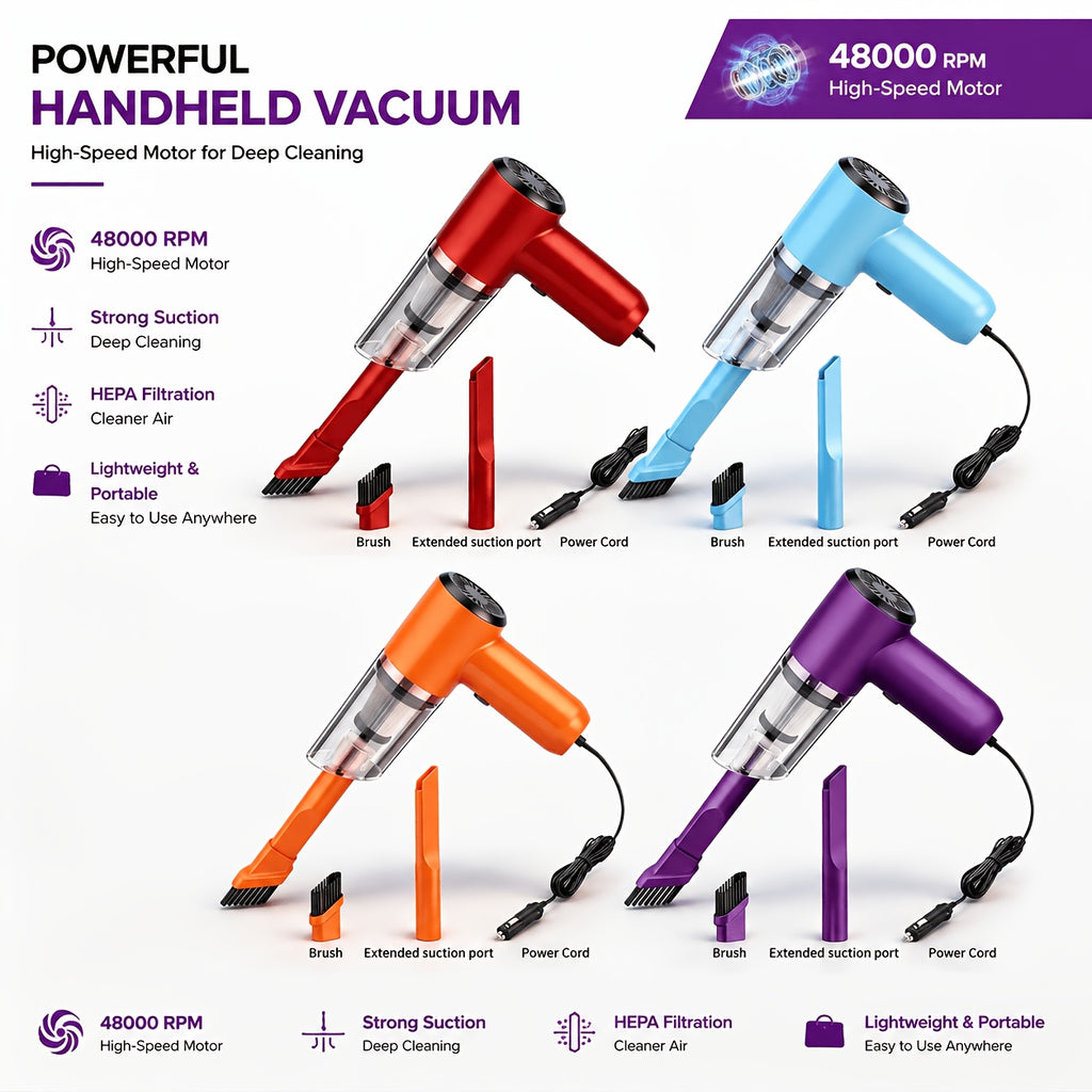 12V Compact Handheld Car Vacuum - Powerful, Wired for Easy Dust & Pet Hair Removal - Includes Accessories Kit - Silent Operation